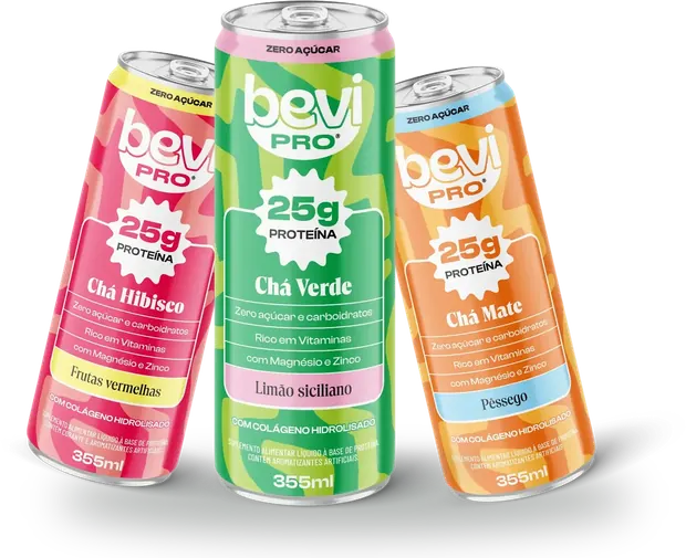 As três latas Bevi Pro que formam o combo de prova
